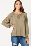 HY5063W OLIVE Plus Flowy Ruffled Neck and Cuff Tie Neck Knit Top Front