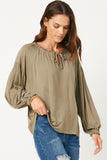 HY5063W OLIVE Plus Flowy Ruffled Neck and Cuff Tie Neck Knit Top Back