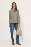 HY5063W Olive Plus Flowy Ruffled Neck and Cuff Tie Neck Knit Top Gif