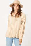 HY5063W TAN Plus Flowy Ruffled Neck and Cuff Tie Neck Knit Top Pose