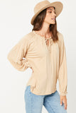 HY5063W TAN Plus Flowy Ruffled Neck and Cuff Tie Neck Knit Top Detail