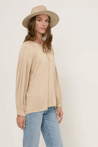 HY5063W Tan Plus Flowy Ruffled Neck and Cuff Tie Neck Knit Top Gif