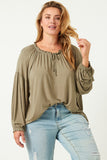 HY5063 OLIVE Womens Flowy Ruffled Neck and Cuff Tie Neck Knit Top Front