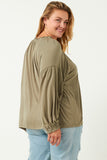 HY5063 OLIVE Womens Flowy Ruffled Neck and Cuff Tie Neck Knit Top Side