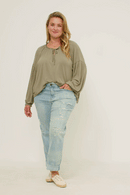 HY5063W OLIVE Plus Flowy Ruffled Neck and Cuff Tie Neck Knit Top Full Body