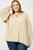 HY5063 TAN Womens Flowy Ruffled Neck and Cuff Tie Neck Knit Top Front