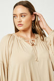 HY5063 TAN Womens Flowy Ruffled Neck and Cuff Tie Neck Knit Top Side