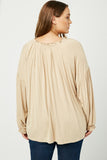 HY5063 TAN Womens Flowy Ruffled Neck and Cuff Tie Neck Knit Top Detail