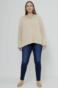 HY5063 Tan Womens Flowy Ruffled Neck and Cuff Tie Neck Knit Top Gif