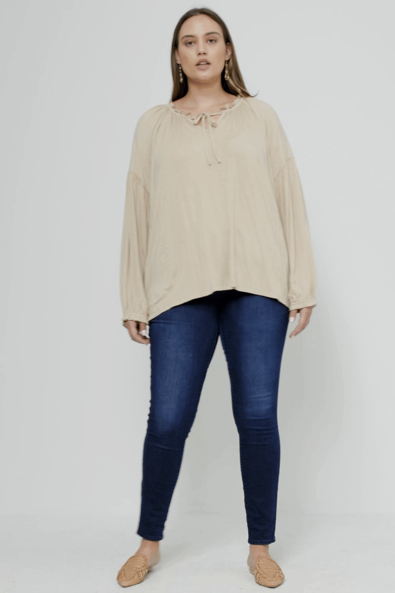 HY5063 Tan Womens Flowy Ruffled Neck and Cuff Tie Neck Knit Top Gif