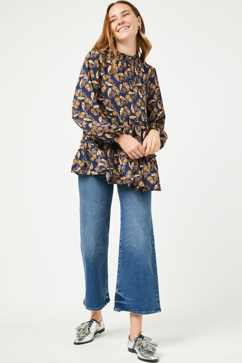 Ruffle Tiered Smock Neck Paisley Print Top