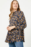 HY5068W NAVY Plus Ruffle Tiered Smock Neck Paisley Print Top Front