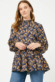 HY5068W NAVY Plus Ruffle Tiered Smock Neck Paisley Print Top Side