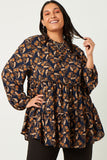 HY5068 NAVY Womens Ruffle Tiered Smock Neck Paisley Print Top Side