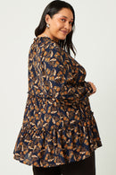 HY5068 NAVY Womens Ruffle Tiered Smock Neck Paisley Print Top Front