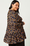 HY5068 NAVY Womens Ruffle Tiered Smock Neck Paisley Print Top Front