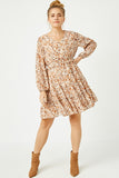 HY5080 Brown Womens Floral Print V Neck Smock Waist Tiered Mini Dress Pose