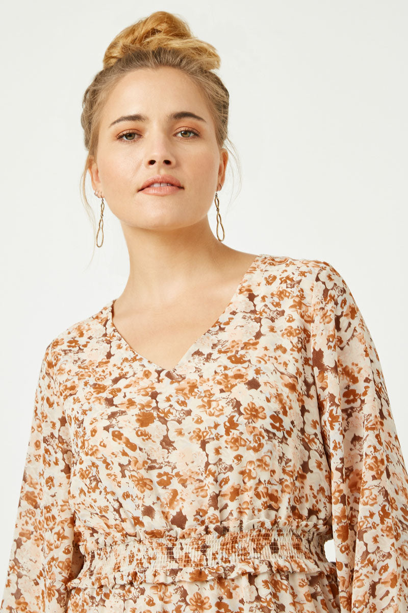 HY5080W OLIVE Plus Floral Print V Neck Smock Waist Tiered Mini Dress Front