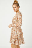 HY5080W OLIVE Plus Floral Print V Neck Smock Waist Tiered Mini Dress Back