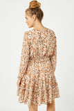 HY5080 BROWN Womens Floral Print V Neck Smock Waist Tiered Mini Dress Full Body