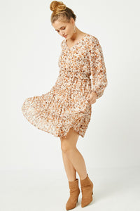 HY5080 Brown Womens Floral Print V Neck Smock Waist Tiered Mini Dress Gif