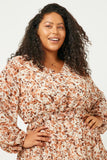 HY5080 OLIVE Womens Floral Print V Neck Smock Waist Tiered Mini Dress Gif