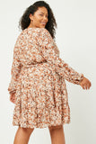 HY5080 OLIVE Womens Floral Print V Neck Smock Waist Tiered Mini Dress Front