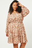 HY5080W OLIVE Plus Floral Print V Neck Smock Waist Tiered Mini Dress  Full Body
