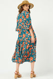 HY5091 Teal Womens Romantic Floral Ruffle Sleeve Surplice Midi Dress Gif