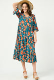 HY5091 TEAL Womens Romantic Floral Ruffle Sleeve Surplice Midi Dress FRONT
