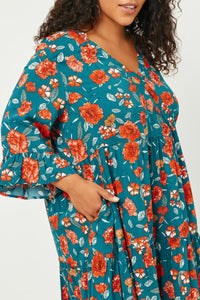 HY5091 IVORY Womens Romantic Floral Ruffle Sleeve Surplice Midi Dress Detail