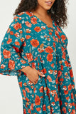 HY5091 IVORY Womens Romantic Floral Ruffle Sleeve Surplice Midi Dress Detail