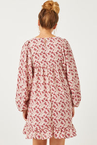 HY5095W Burgundy Plus Floral Print Exaggerated Puff Sleeve Baby doll Dress Gif