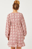 HY5095W Burgundy Plus Floral Print Exaggerated Puff Sleeve Baby doll Dress Gif