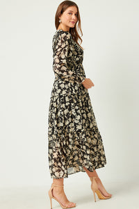 HY5103W BLACK Plus Botanical Print Chiffon Ruffled Maxi Dress Side