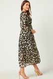 HY5103W BLACK Plus Botanical Print Chiffon Ruffled Maxi Dress Side