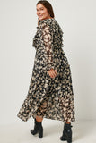 HY5103 BLACK Womens Botanical Print Chiffon Ruffled Maxi Dress Detail