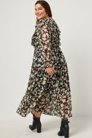 HY5103 BLACK Womens Botanical Print Chiffon Ruffled Maxi Dress Detail