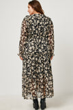 HY5103 BLACK Womens Botanical Print Chiffon Ruffled Maxi Dress Back