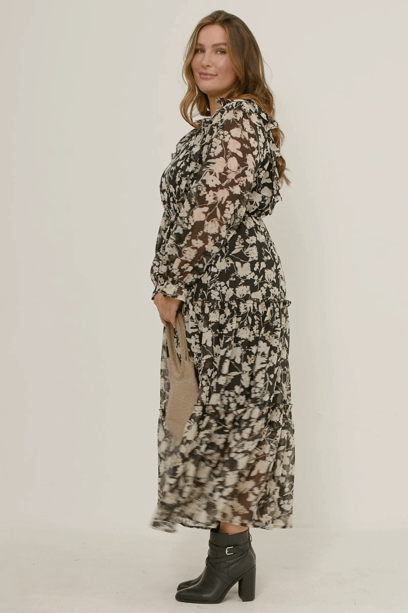 Botanical Print Chiffon Ruffled Maxi Dress