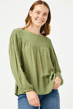 HY5108 OLIVE Womens Smocked Upper Swiss Dot Long Sleeve Top Front