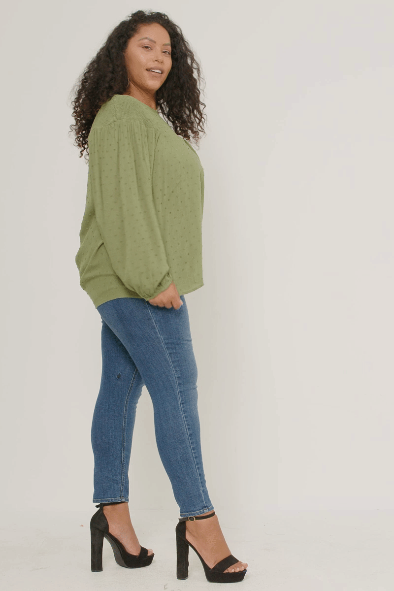 Smocked Upper Swiss Dot Long Sleeve Top