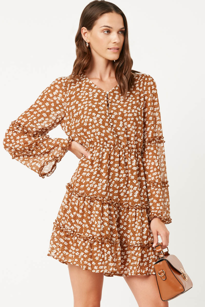 Ruffled Detail Floral Trumpet Sleeve Dress