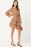 HY5121 CAMEL Womens Ruffled Detail Floral Trumpet Sleeve Dress Detail