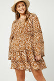 HY5121W CAMEL Plus Ruffled Detail Floral Trumpet Sleeve Dress Full Body