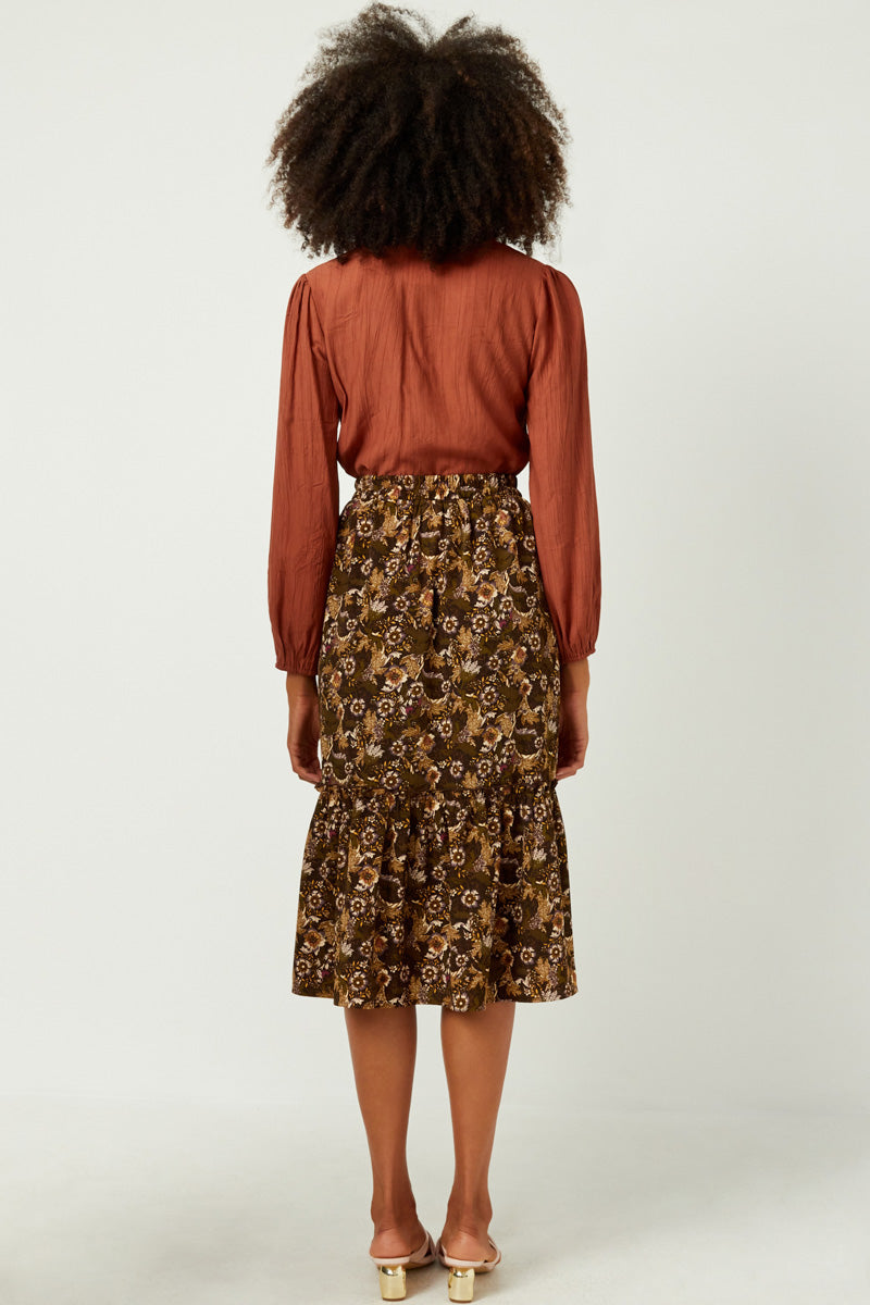 HY5122W OLIVE Plus Floral Print Ruffle Tiered Skirt Full Body 2