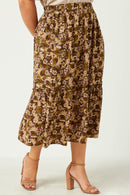 HY5122 OLIVE Womens Floral Print Ruffle Tiered Skirt Front