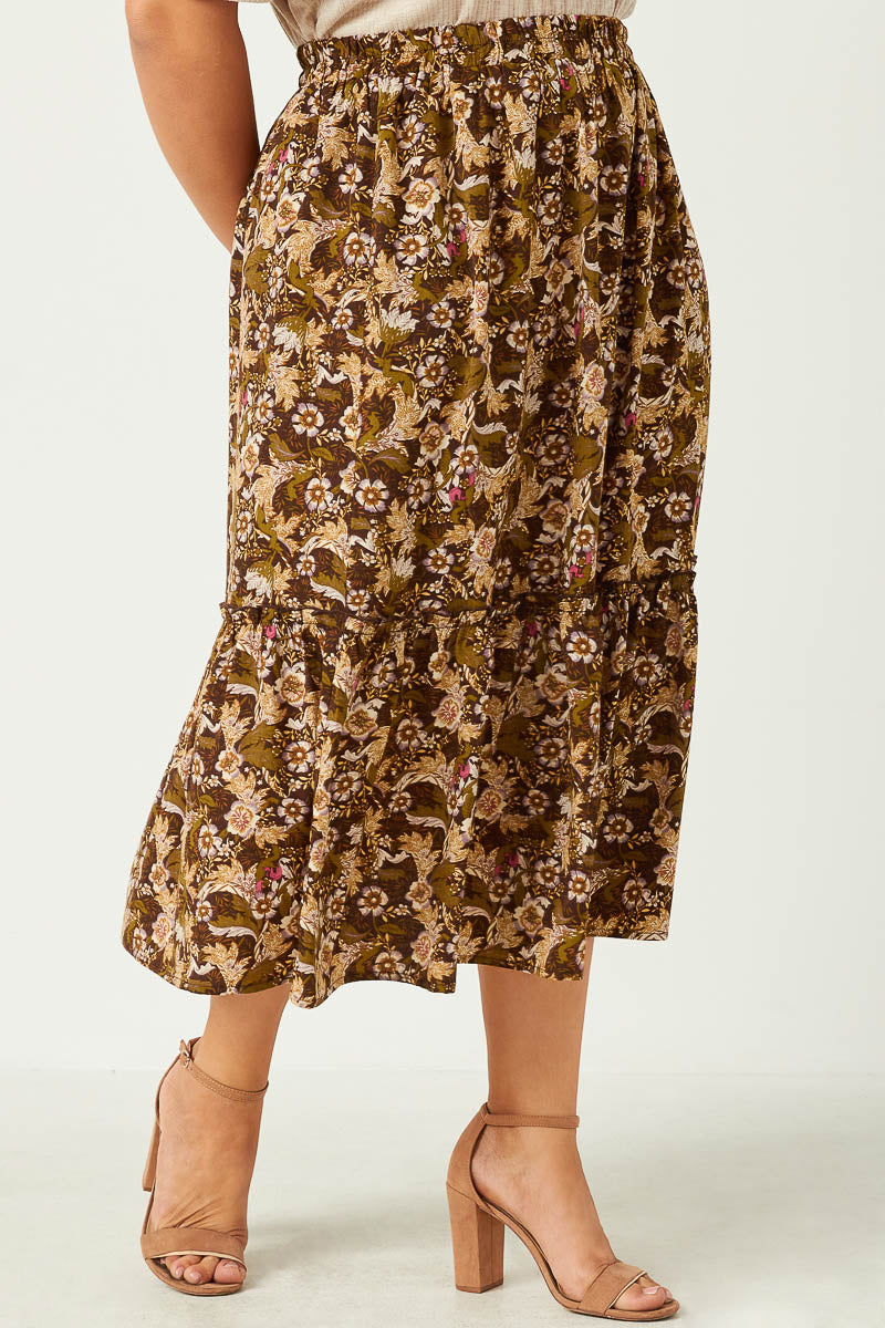 HY5122 OLIVE Womens Floral Print Ruffle Tiered Skirt Front