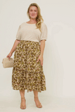 HY5122W OLIVE Plus Floral Print Ruffle Tiered Skirt Full Body