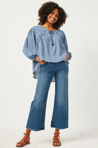 HY5124W BLUE Plus Ruffled Seam Detail Tasseled Long Sleeve Top Side